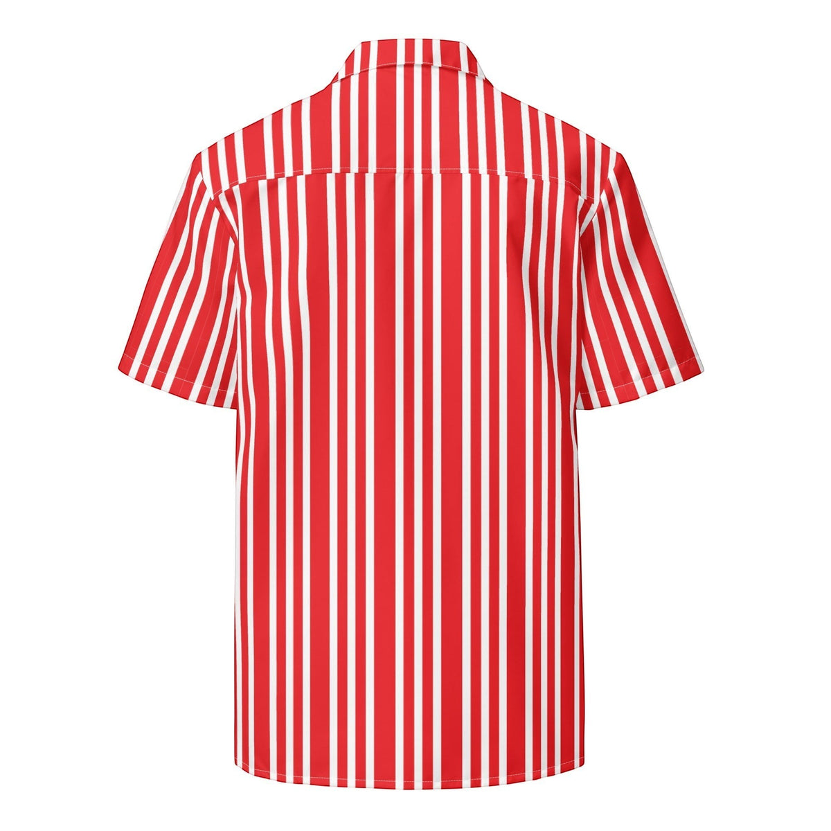 Good Wishes 365 unisex short-sleeve button-down shirt featuring a bold red and white vertical candy-stripe pattern.