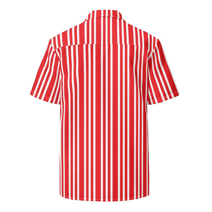 Good Wishes 365 unisex short-sleeve button-down shirt featuring a bold red and white vertical candy-stripe pattern.