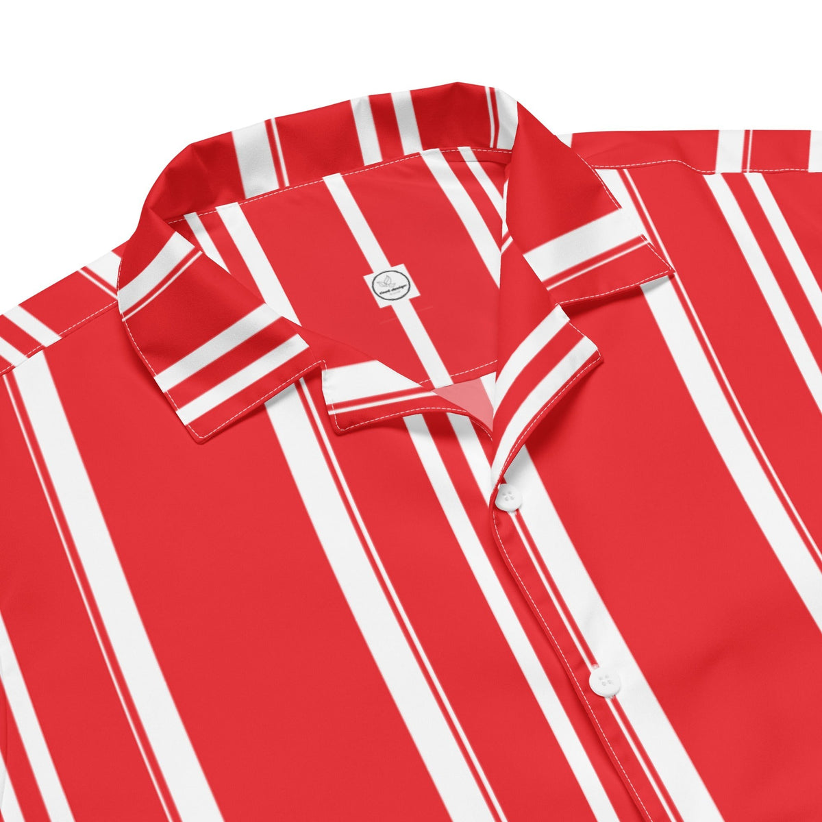 Good Wishes 365 red and white vertical striped short sleeve button-down shirt with a classic camp collar.