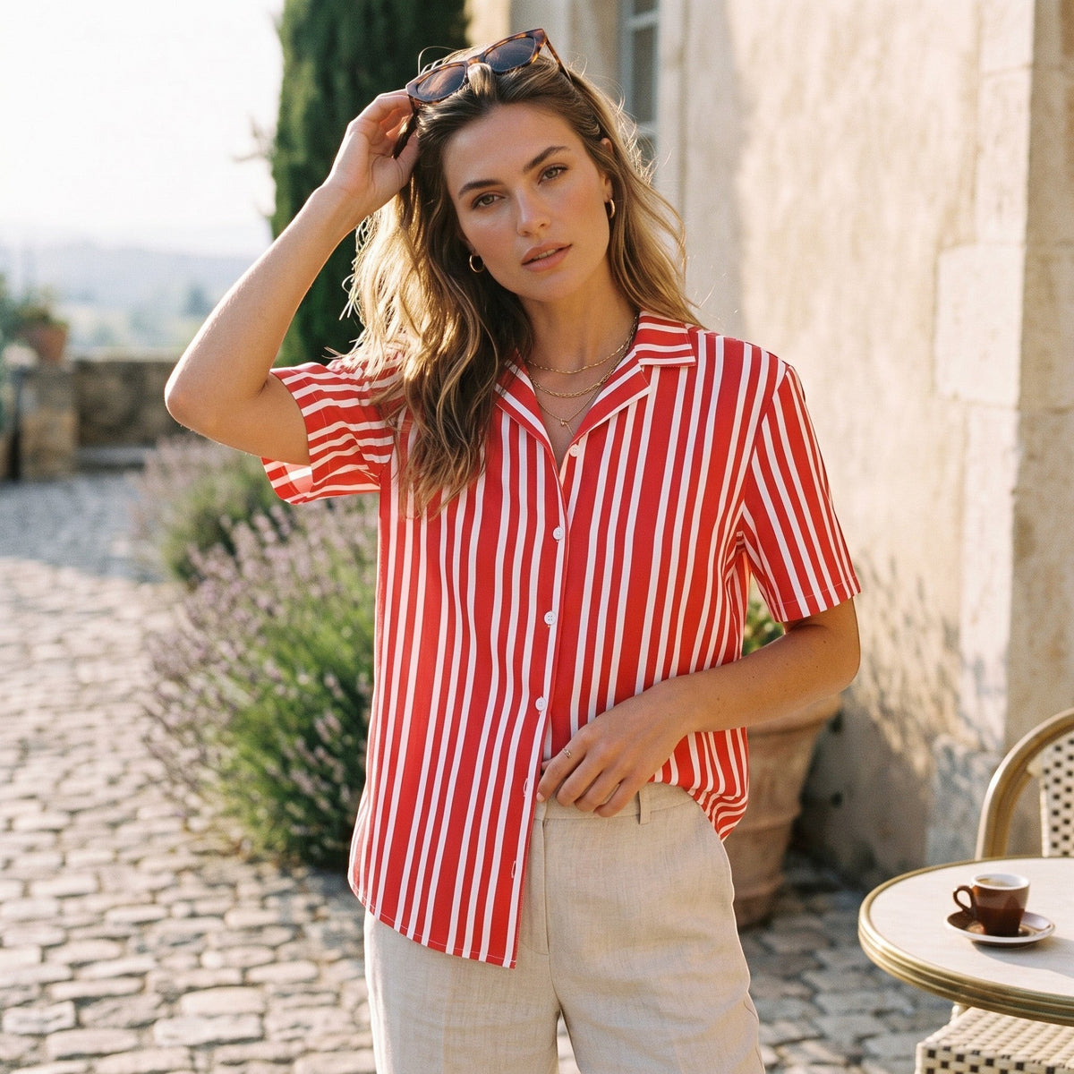 Good Wishes 365 all-over print red and white vertical striped short-sleeve button-down shirt with a camp collar on a woman outdoors, UPF50+, sun protection.