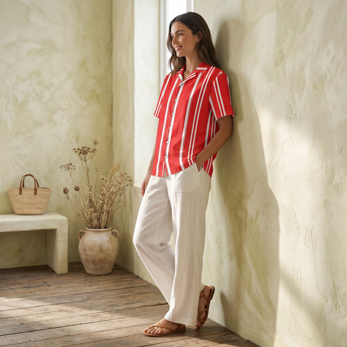 Good Wishes 365 red and white vertical striped short sleeve button-down shirt worn by a woman with white linen trousers.