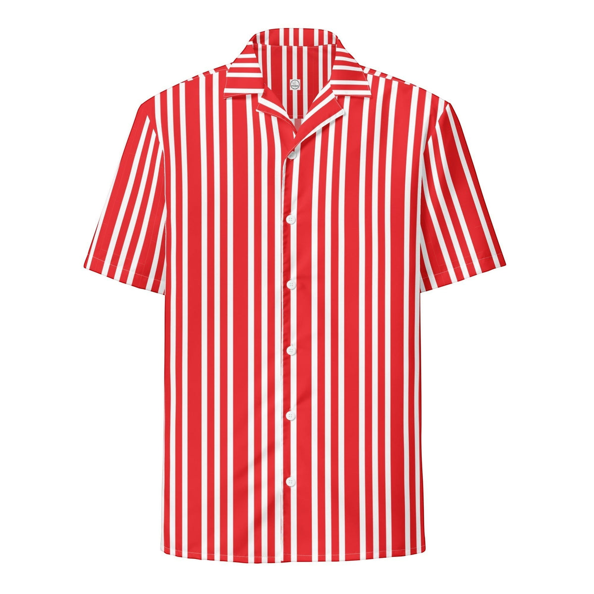 Good Wishes 365 red and white vertical striped short-sleeve button-down shirt with a classic camp collar.