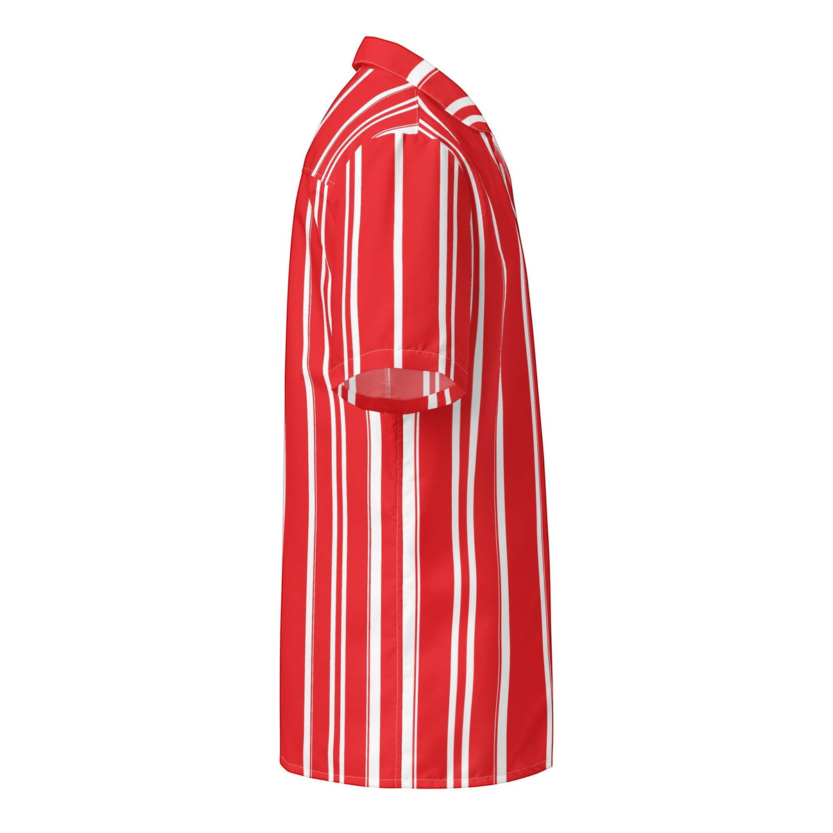 Good Wishes 365 red and white vertical striped short sleeve button-down shirt with a camp collar, side view.