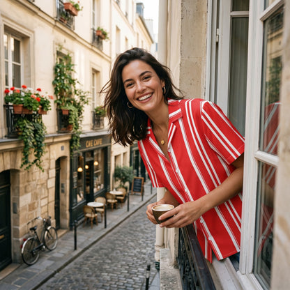 Good Wishes 365 red and white vertical striped short sleeve button-down shirt worn by a woman at a cafe window