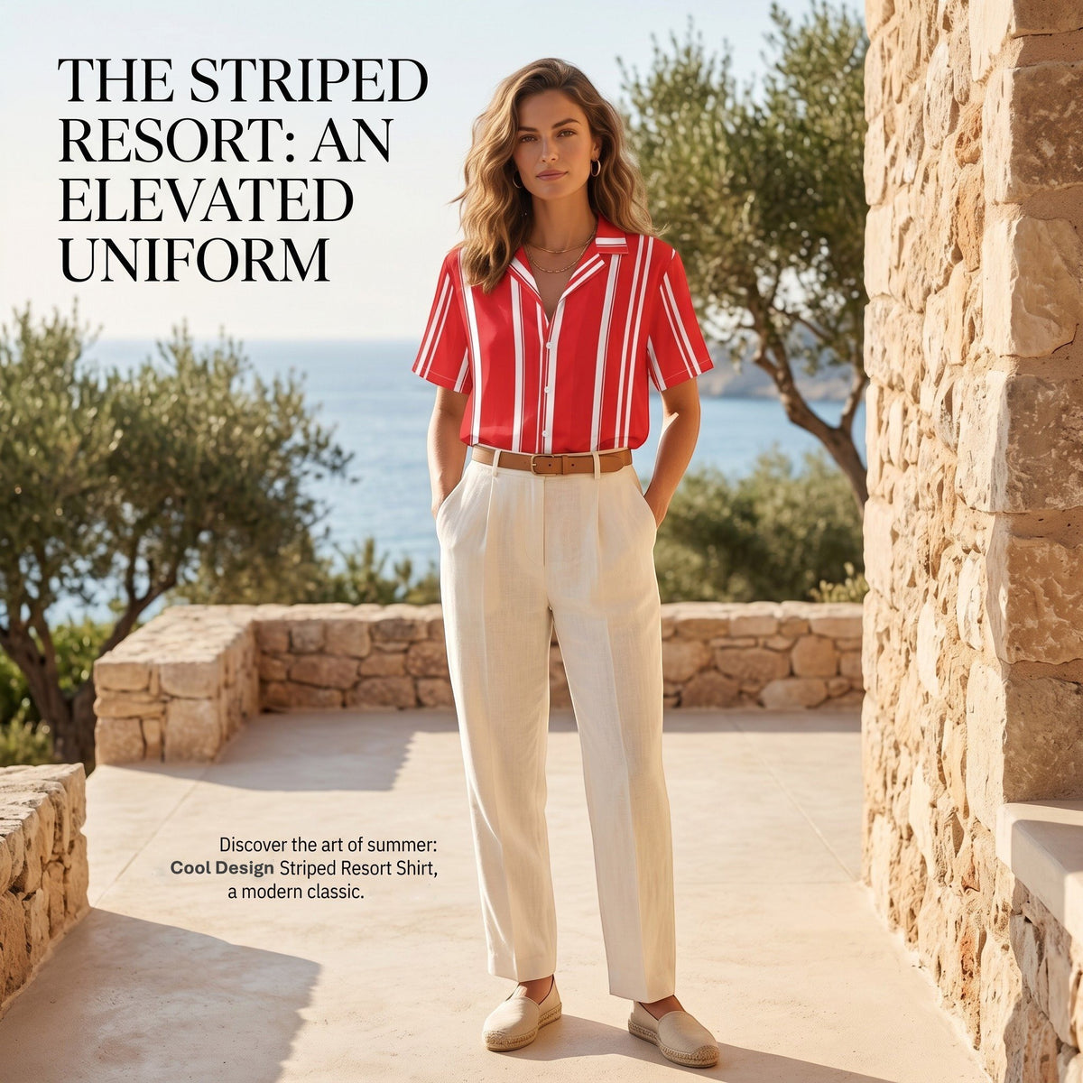 Good Wishes 365 red and white vertical striped short sleeve button-down shirt worn by a woman with cream trousers.