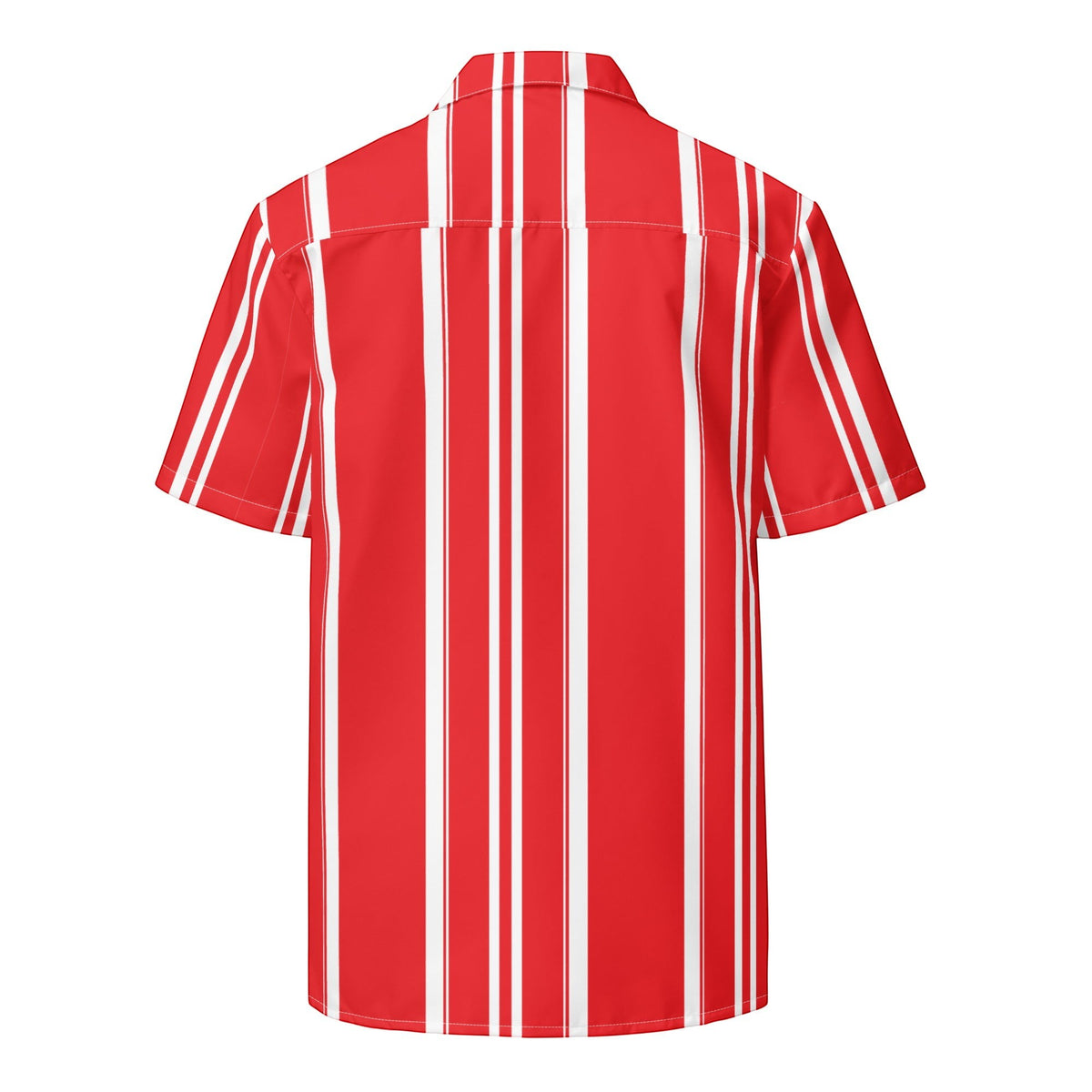 Good Wishes 365 red and white vertical striped short sleeve button-down shirt with a camp collar, back view.