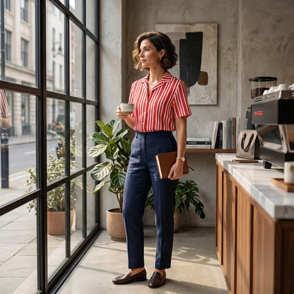 Good Wishes 365 red and white vertical striped short-sleeve button-down shirt with a camp collar on a woman.