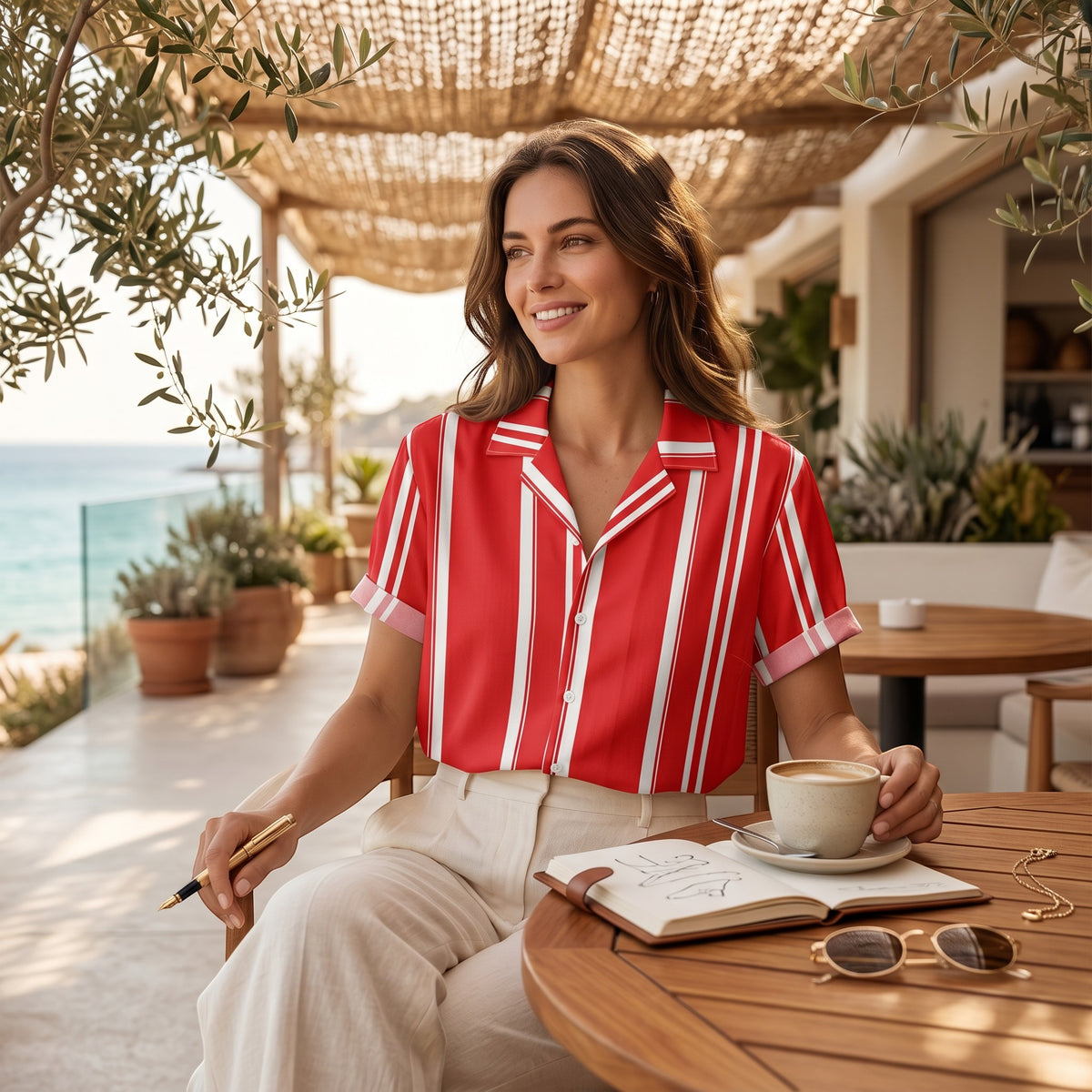 Good Wishes 365 red and white vertical striped short sleeve button-down shirt with camp collar worn by a woman