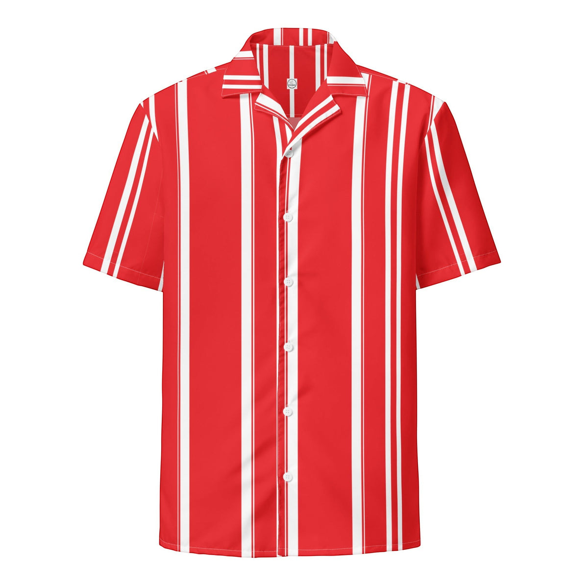 Good Wishes 365 red and white vertical striped short sleeve button-down shirt with a classic camp collar