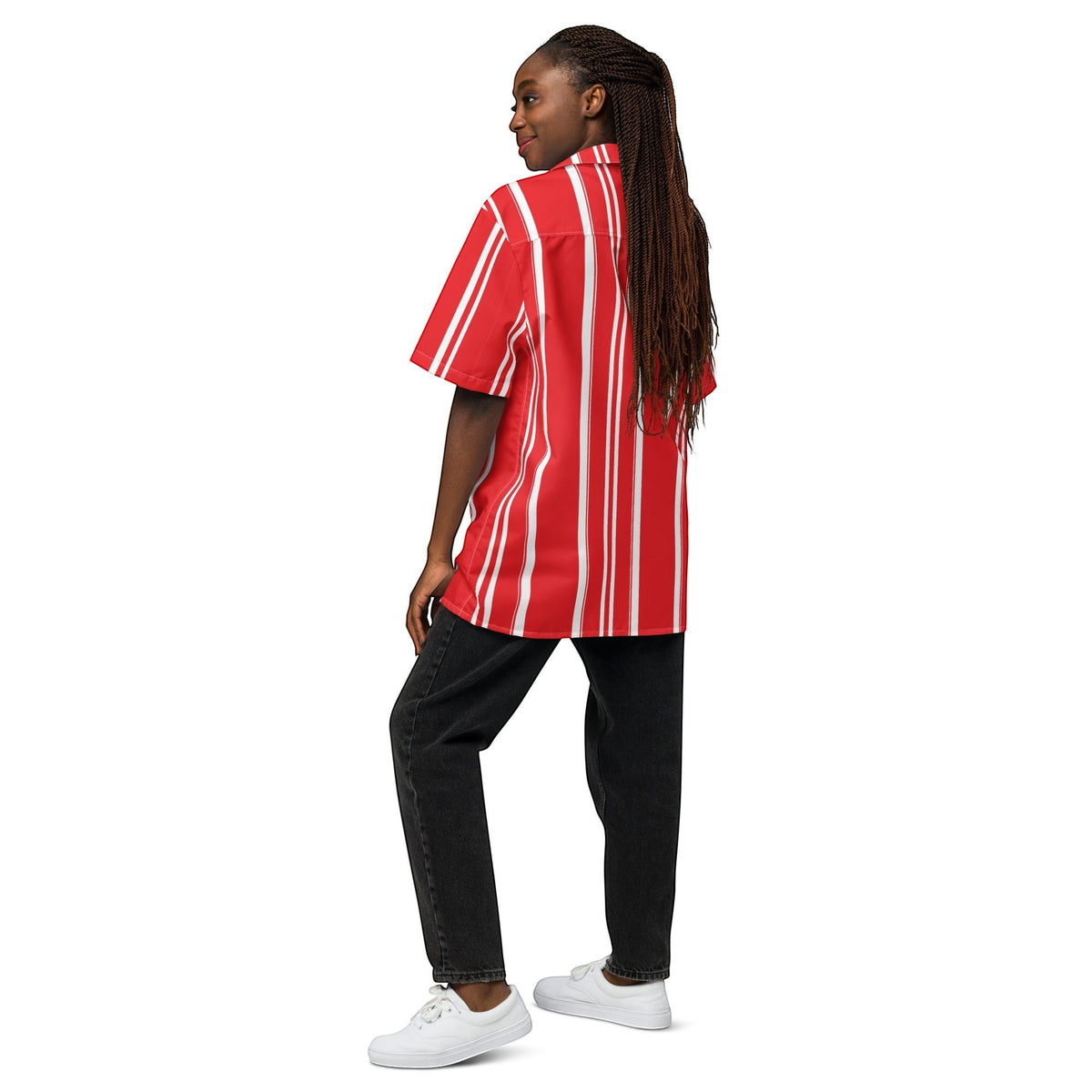 Good Wishes 365 red and white vertical striped short sleeve button-down shirt worn by a woman with braided hair
