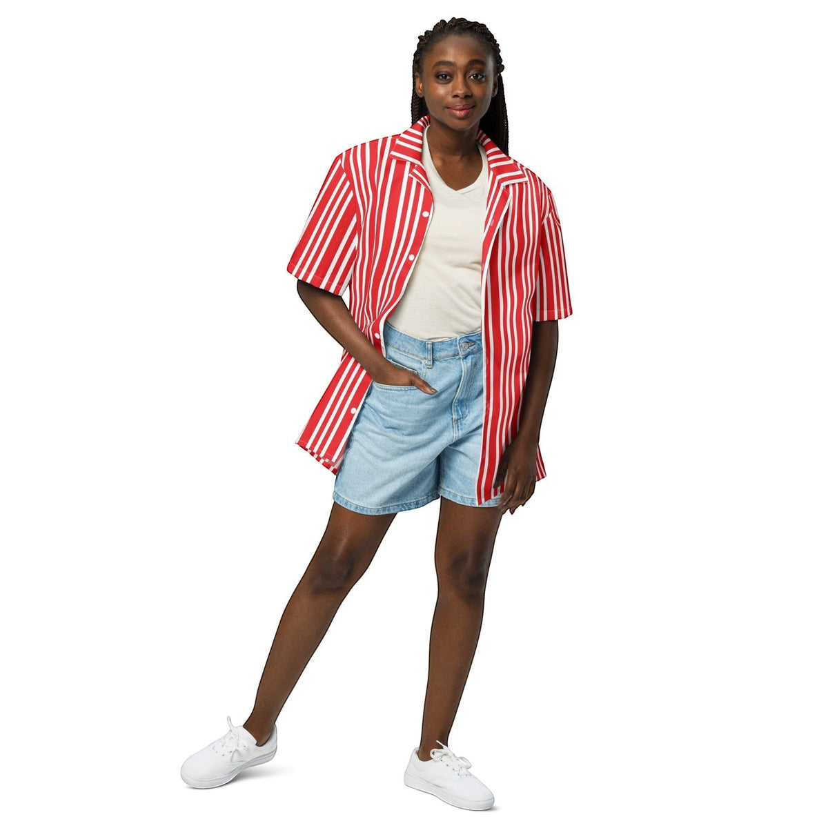 Model wearing a Good Wishes 365 red and white candy-striped short-sleeve button-down shirt over a white tank top.