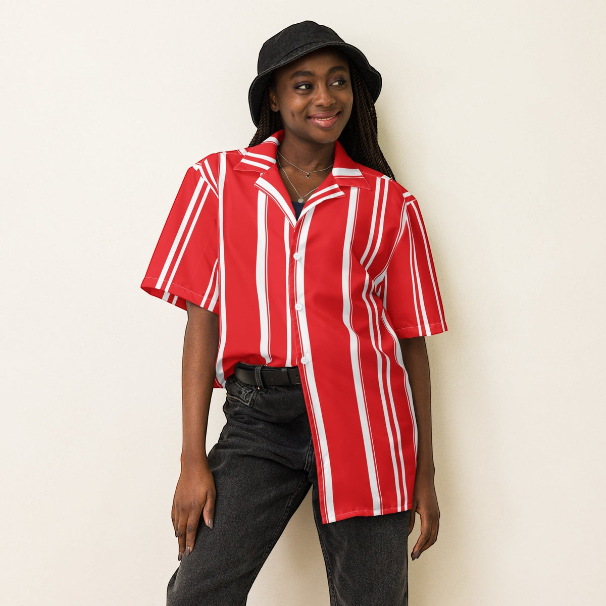 Good Wishes 365 red and white vertical striped short sleeve button-down shirt worn by a woman with a black bucket hat.