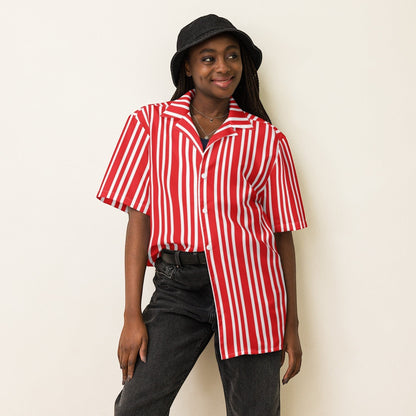 Good Wishes 365 unisex short-sleeve button-down shirt with red and white vertical stripes and a classic camp collar.