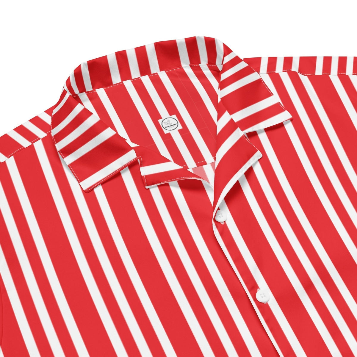 Good Wishes 365 red and white vertical striped short-sleeve button-down shirt with a classic camp collar.