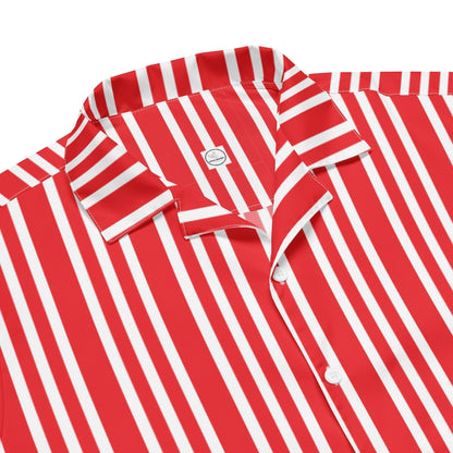 Good Wishes 365 red and white vertical striped short-sleeve button-down shirt with a classic camp collar.