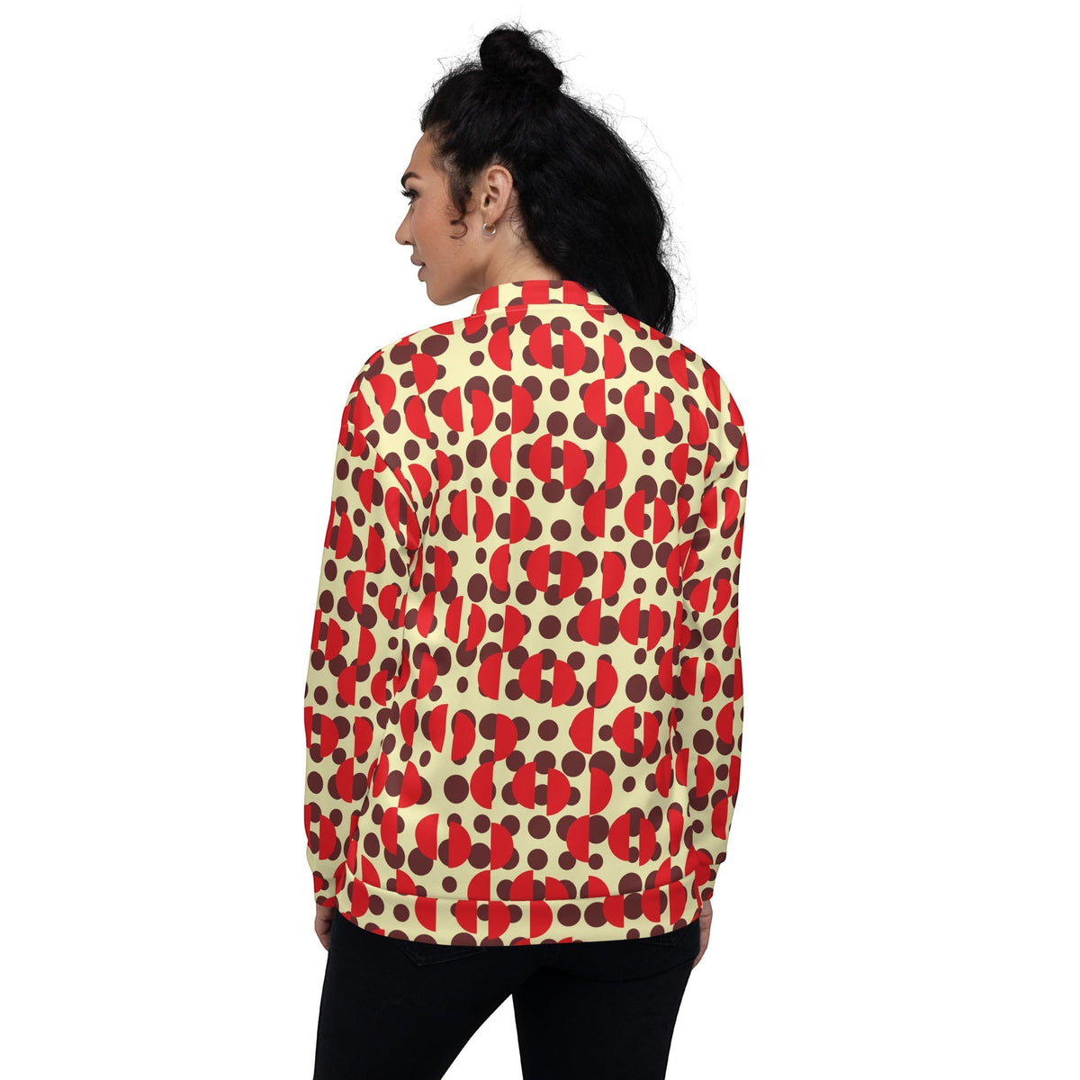 Good Wishes 365 retro bomber jacket with brown polka dots and red semi-circles on a cream background, back view.
