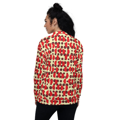 Good Wishes 365 retro bomber jacket with brown polka dots and red semi-circles on a cream background, back view.