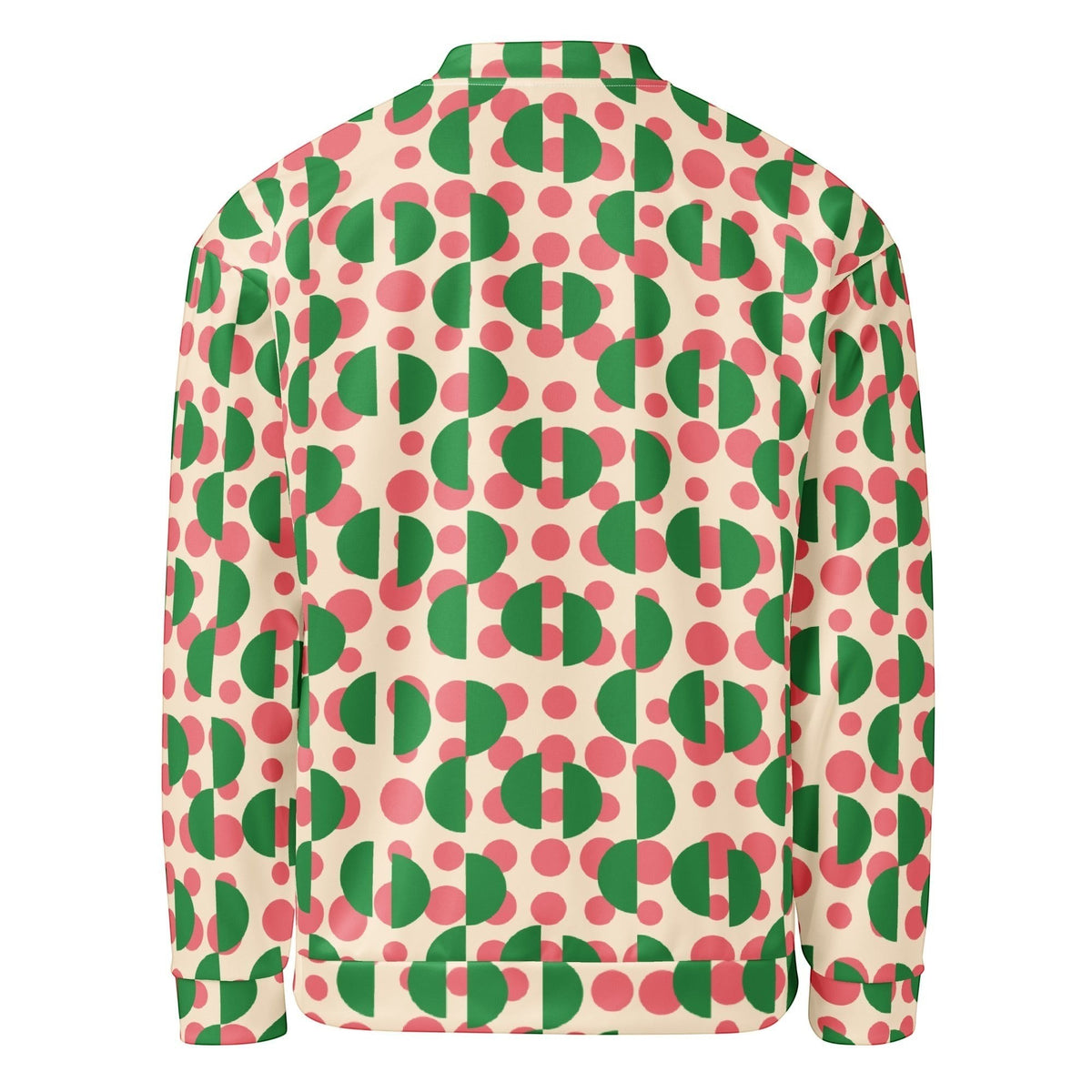 Good Wishes 365 unisex bomber jacket featuring a retro cream, pink polka dot, and green semi-circle all-over print.