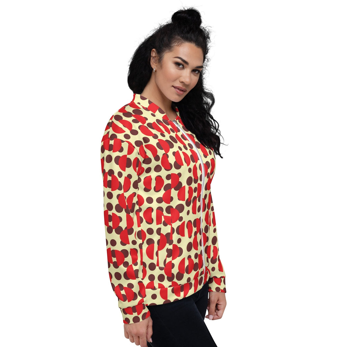 Good Wishes 365 retro bomber jacket with brown polka dots and red semi-circles on a cream background, side view