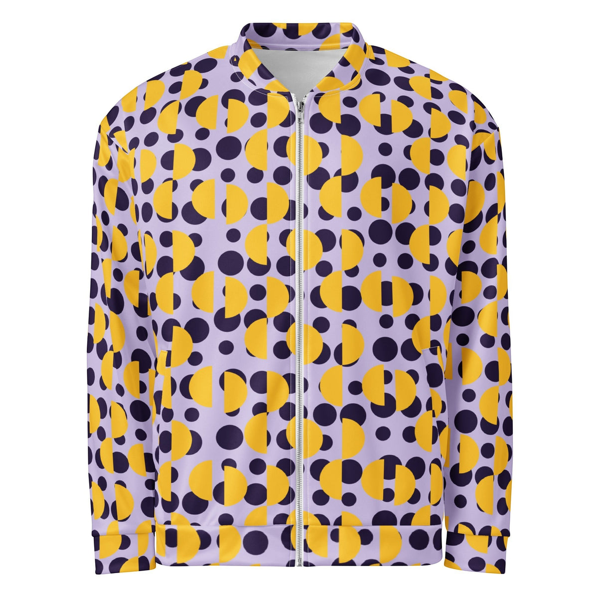 Good Wishes 365 unisex bomber jacket with a retro purple polka dot and yellow semi-circle print on lavender fabric.