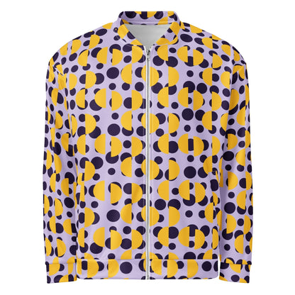 Good Wishes 365 unisex bomber jacket with a retro purple polka dot and yellow semi-circle print on lavender fabric.