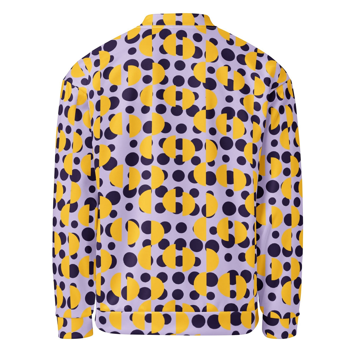 Back view of Good Wishes 365 unisex bomber jacket with purple polka dots and yellow semi-circles on lavender fabric.