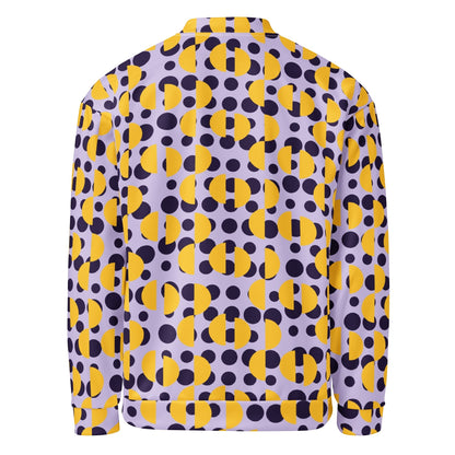 Back view of Good Wishes 365 unisex bomber jacket with purple polka dots and yellow semi-circles on lavender fabric.