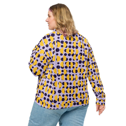Good Wishes 365 unisex bomber jacket with purple polka dots and yellow semi-circles on a lavender background, back view