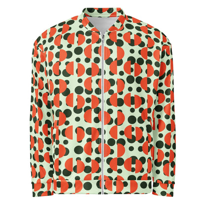 Good Wishes 365 unisex bomber jacket in mint green with retro dark green polka dots and orange semi-circle print.