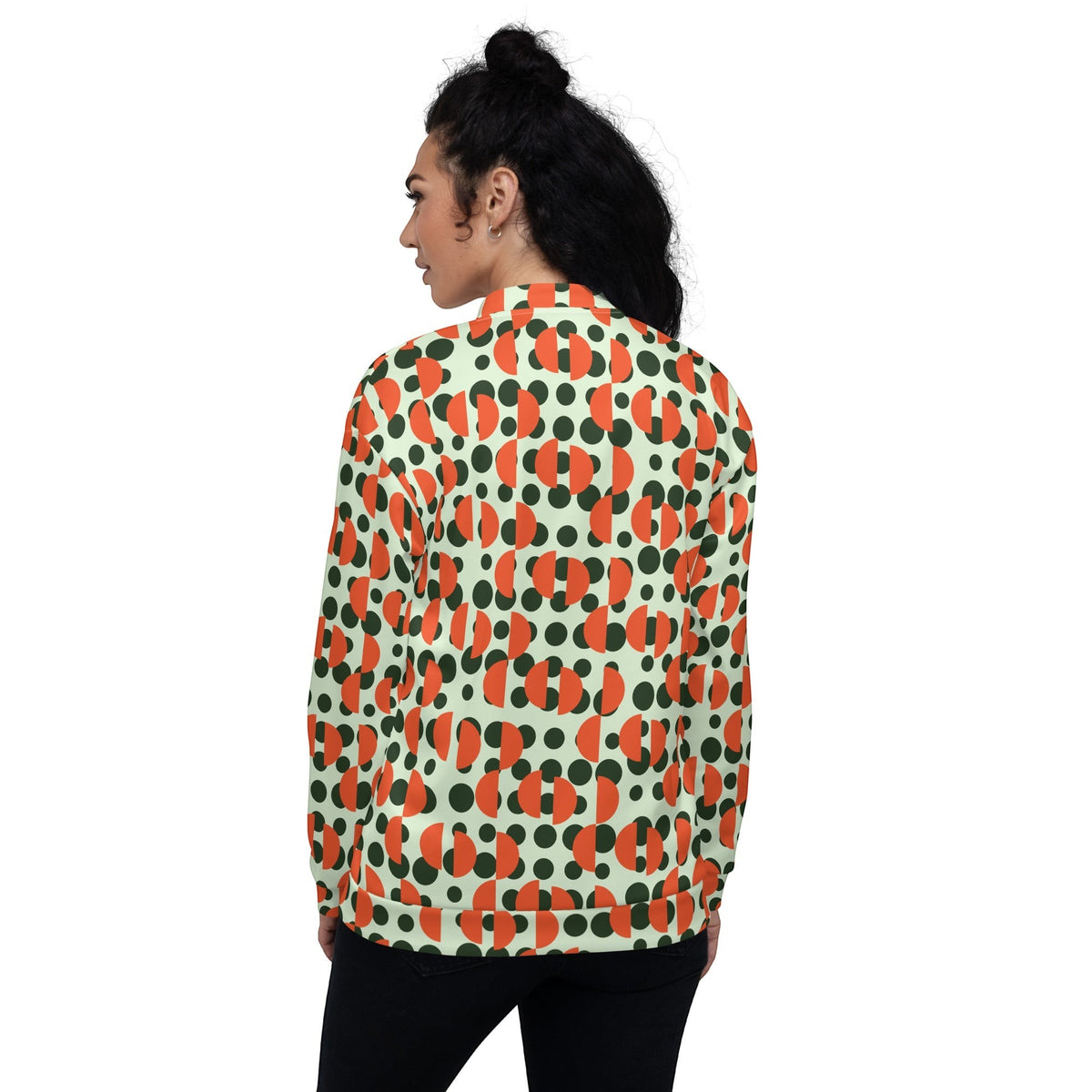 Good Wishes 365 unisex bomber jacket with retro green polka dot and orange semi-circle print on a mint background