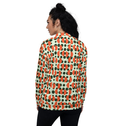 Good Wishes 365 unisex bomber jacket with retro green polka dot and orange semi-circle print on a mint background