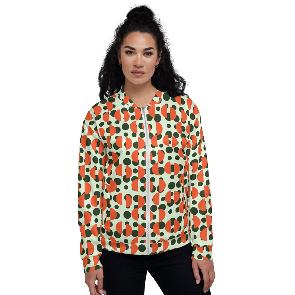 Good Wishes 365 unisex bomber jacket with retro green polka dot and orange semi-circle print on mint green background