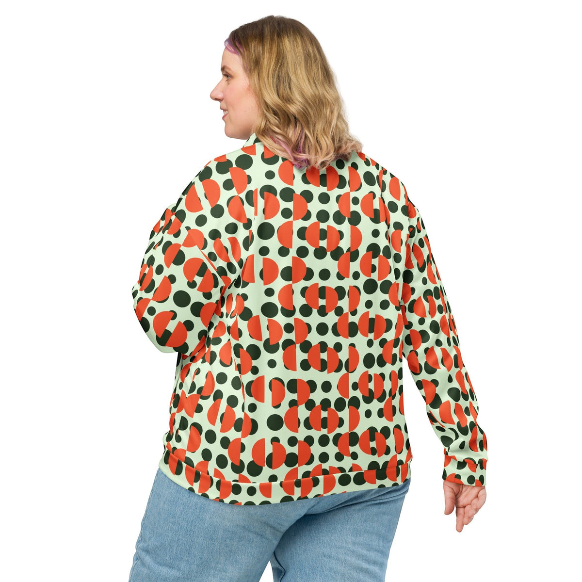 Good Wishes 365 unisex bomber jacket with retro green polka dot and orange semi-circle print on a mint green base