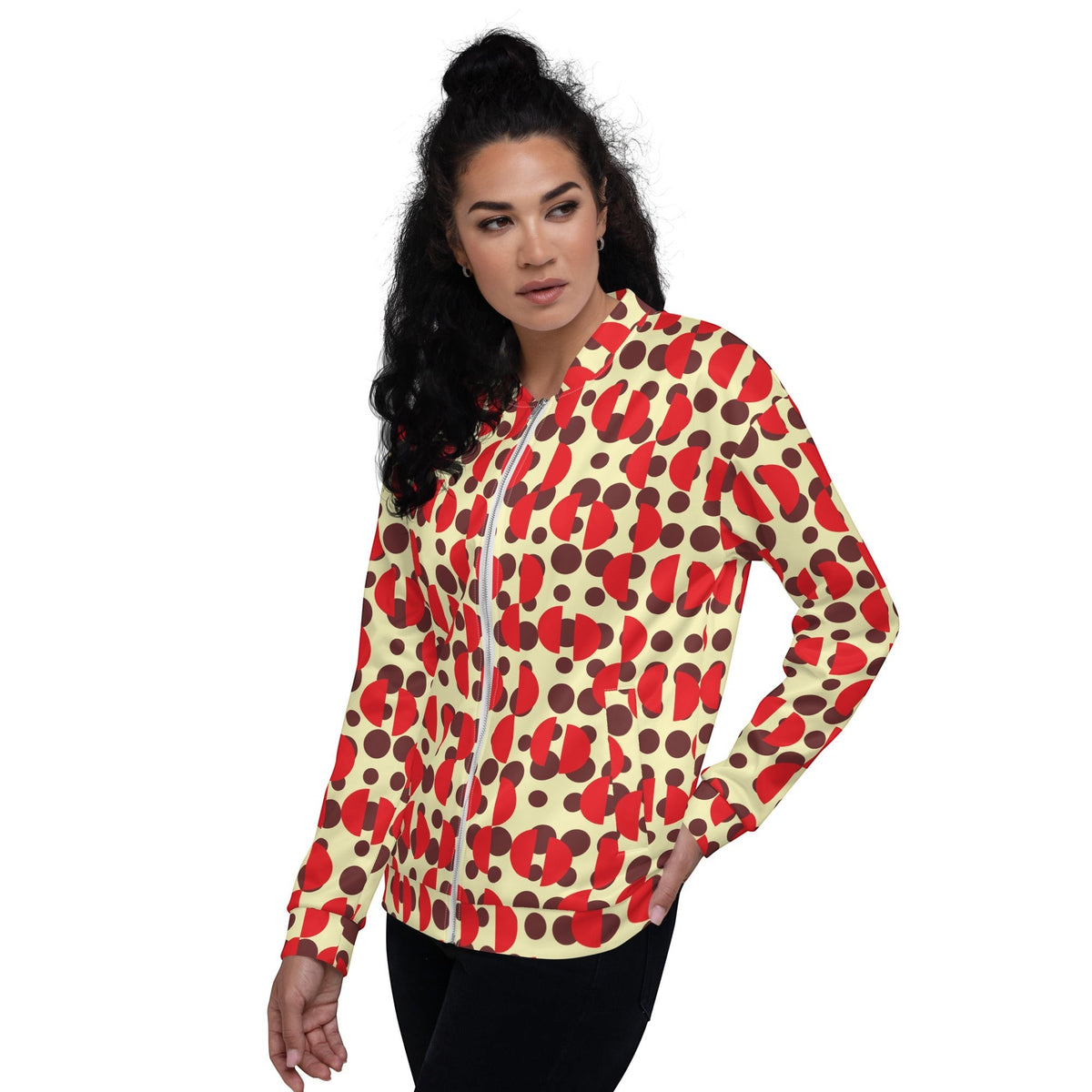 Good Wishes 365 unisex bomber jacket featuring a cream base with brown polka dots and red semi-circle retro print.
