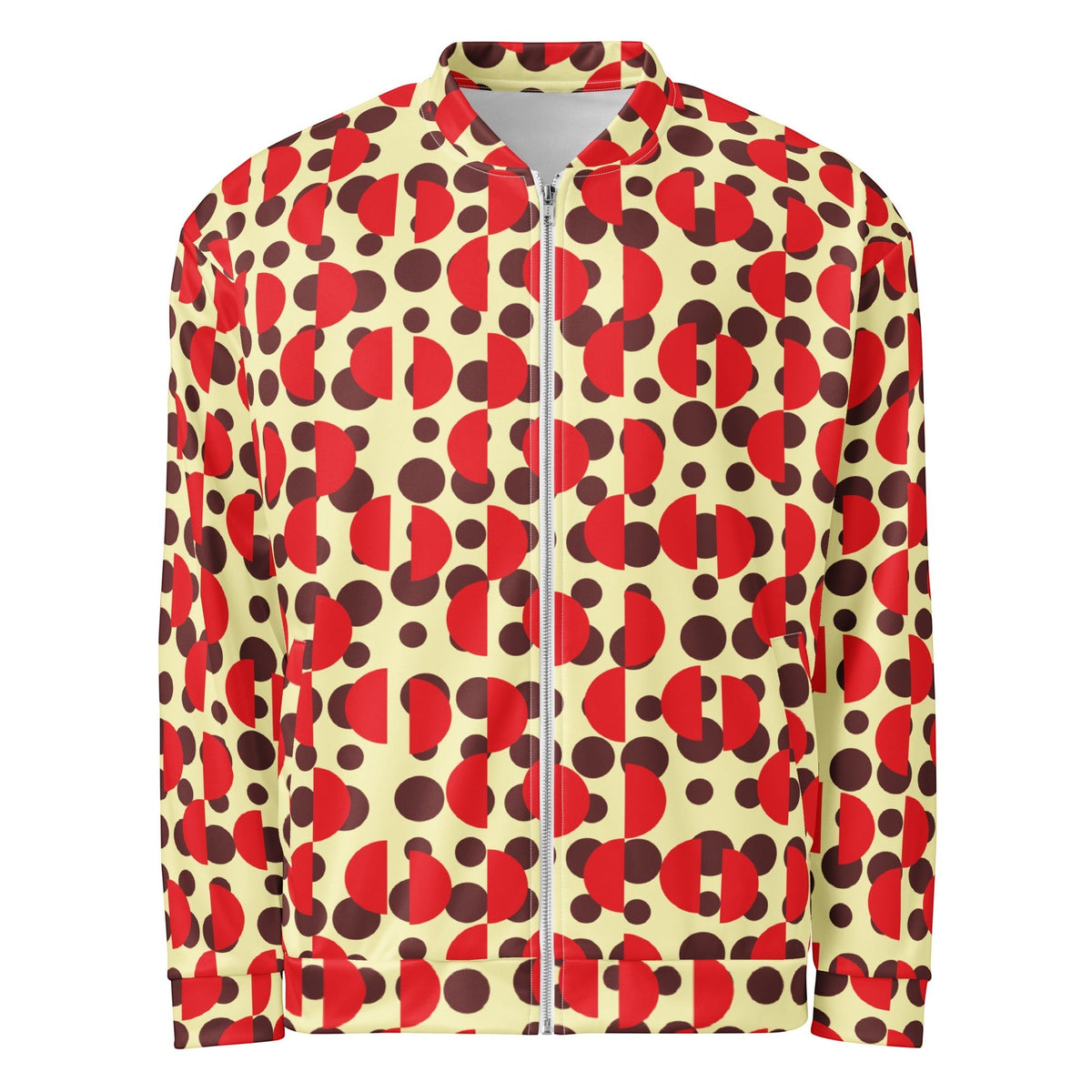 Good Wishes 365 unisex bomber jacket with a cream background, brown polka dots, and red semi-circle geometric print.