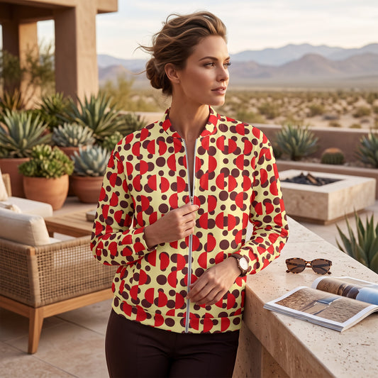 Good Wishes 365 unisex bomber jacket with retro brown polka dot and red semi-circle print on a yellow background.