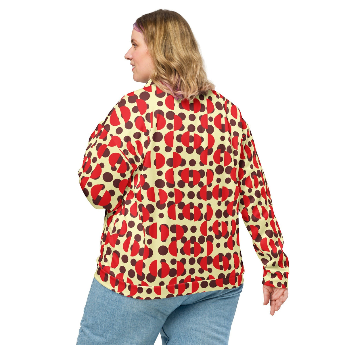 Good Wishes 365 unisex bomber jacket with cream background, brown polka dots, and red semi-circles, back view