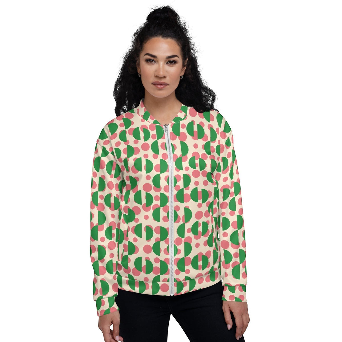 Good Wishes 365 unisex bomber jacket with pink polka dots and green semi-circles on a cream background