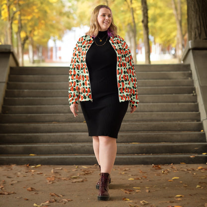 Good Wishes 365 unisex bomber jacket with green polka dots and orange semi-circles worn by a woman on outdoor stairs.