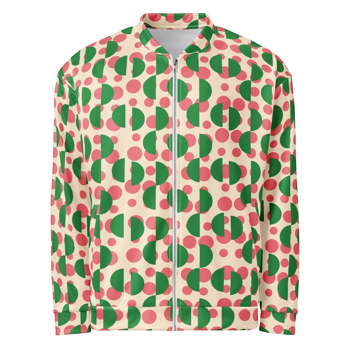 Good Wishes 365 unisex bomber jacket featuring a retro cream, pink polka dot, and green semi-circle all-over print.