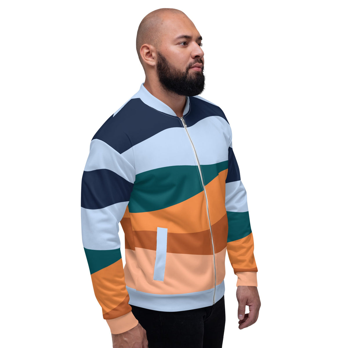 Good Wishes 365 unisex retro bomber jacket with a vibrant wave-like color block print in blue, teal, and orange.