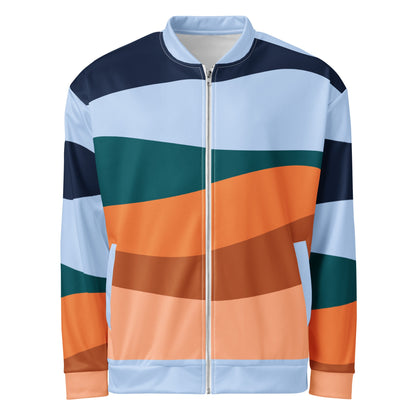 Good Wishes 365 unisex retro bomber jacket with a vibrant wave-like color block print in blue, teal, and orange.
