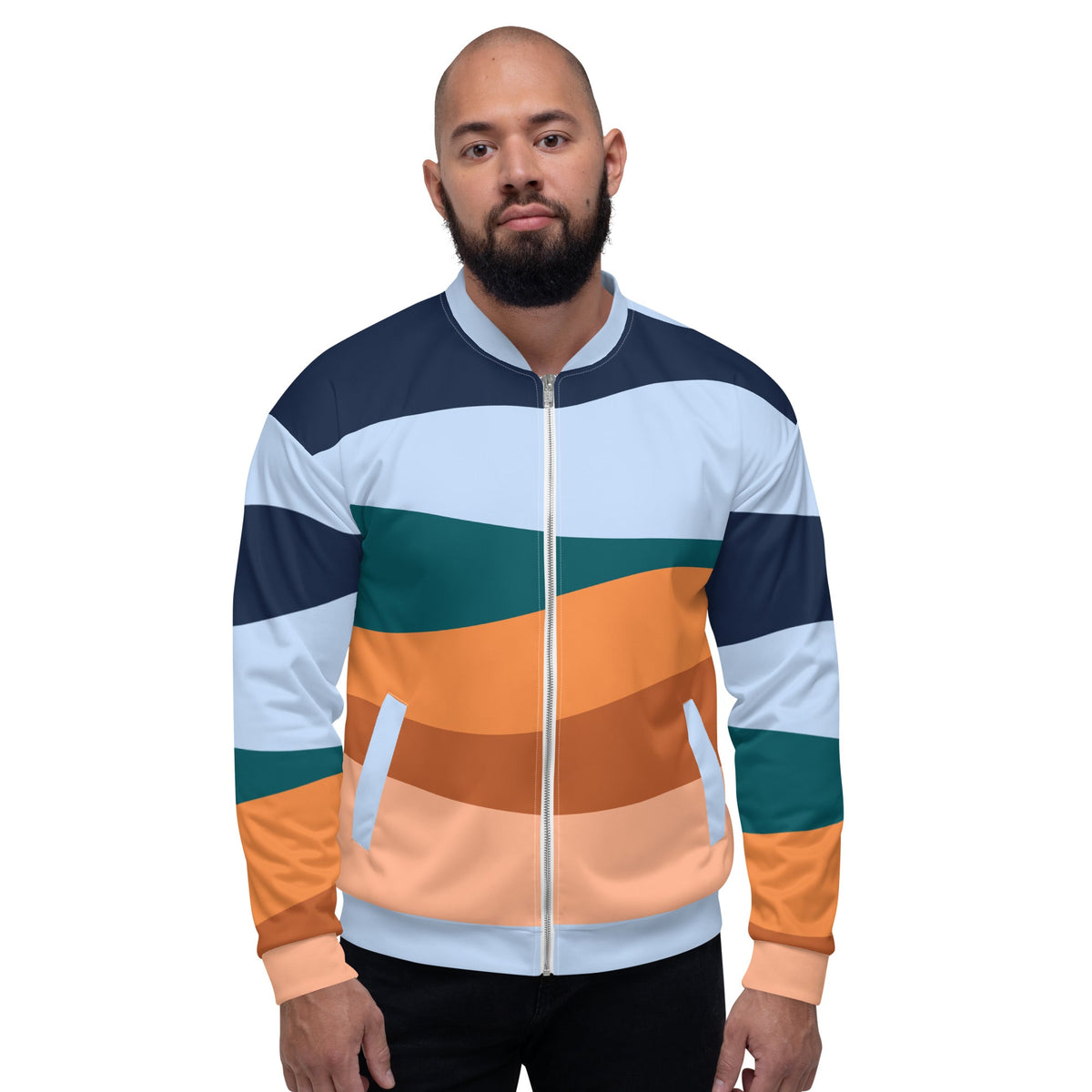 Good Wishes 365 unisex retro bomber jacket featuring a wave-like color block print in blue, teal, and orange tones.