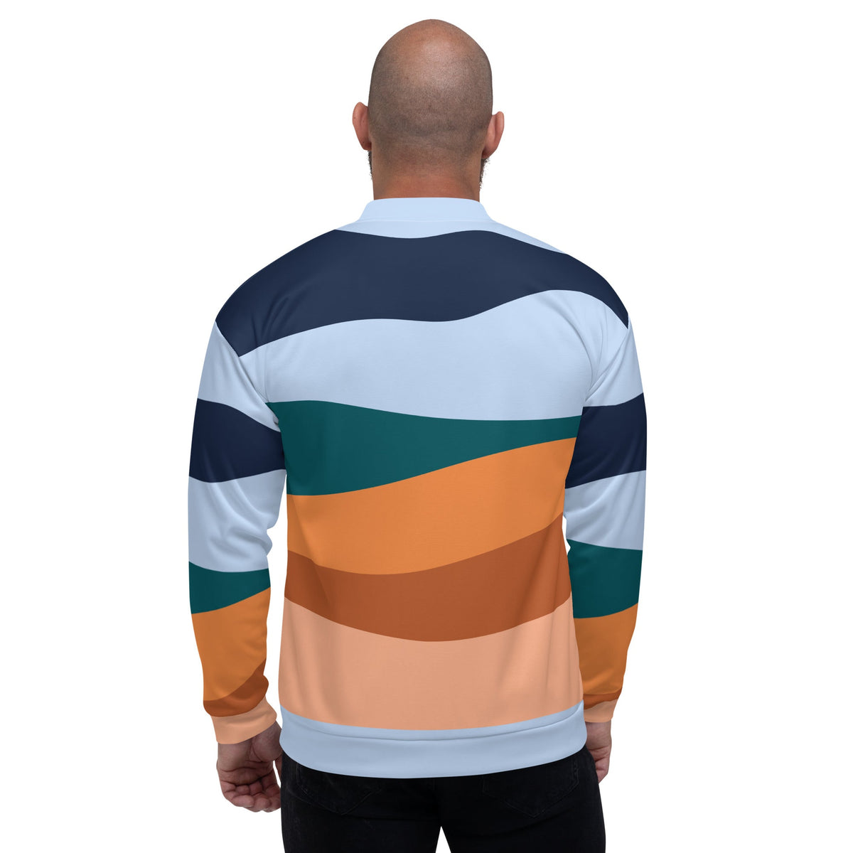 Back view of a Good Wishes 365 unisex bomber jacket featuring a retro wave color block print in blue, teal, and orange.