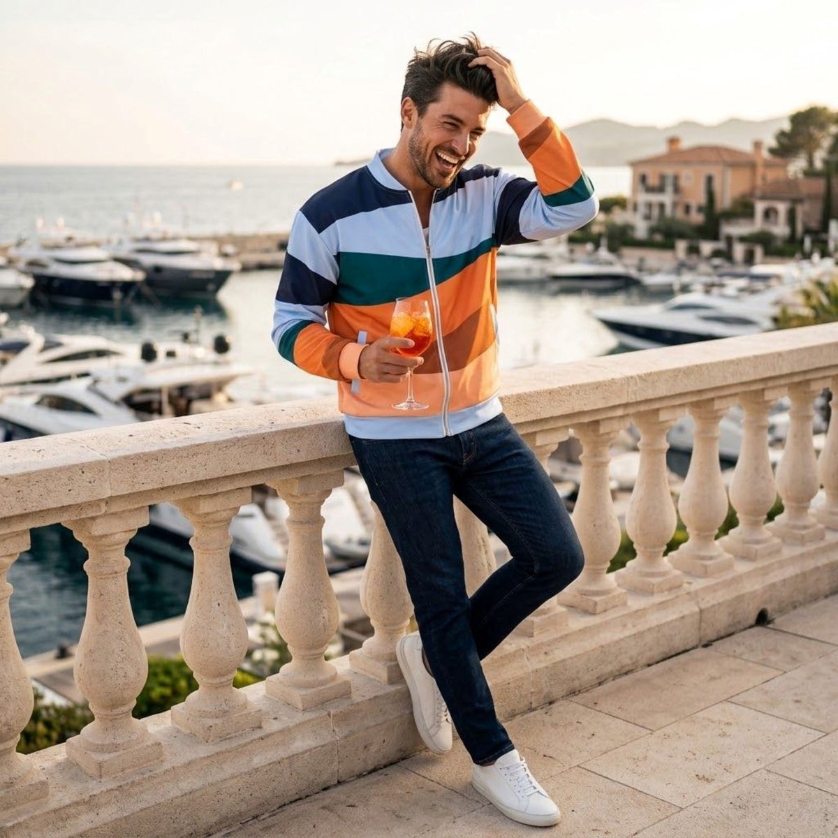 a men's bomber jacket made of a smooth, polyester fabric, featuring a vibrant, multi-colored wavy horizontal stripe pattern in shades of light blue, navy blue, teal, and orange, with a silver zipper closure and ribbed cuffs and hem.