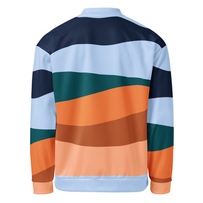 Good Wishes 365 unisex retro bomber jacket featuring an all-over wave-like color block print in blue, teal, and orange.