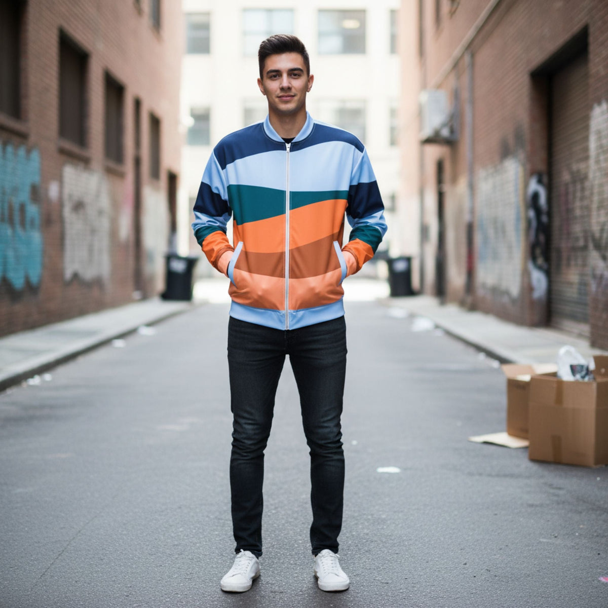 Good Wishes 365 unisex retro bomber jacket with wave-like color block print in blue, teal, and orange on a man.
