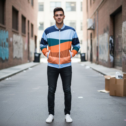 Good Wishes 365 unisex retro bomber jacket with wave-like color block print in blue, teal, and orange on a man.