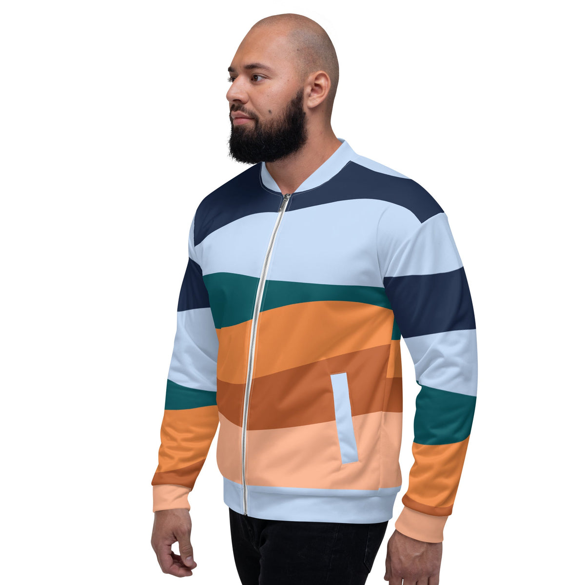 Good Wishes 365 unisex retro bomber jacket with blue, teal, and orange wave color block print and ribbed collar