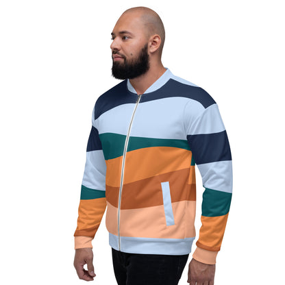 Good Wishes 365 unisex retro bomber jacket with blue, teal, and orange wave color block print and ribbed collar